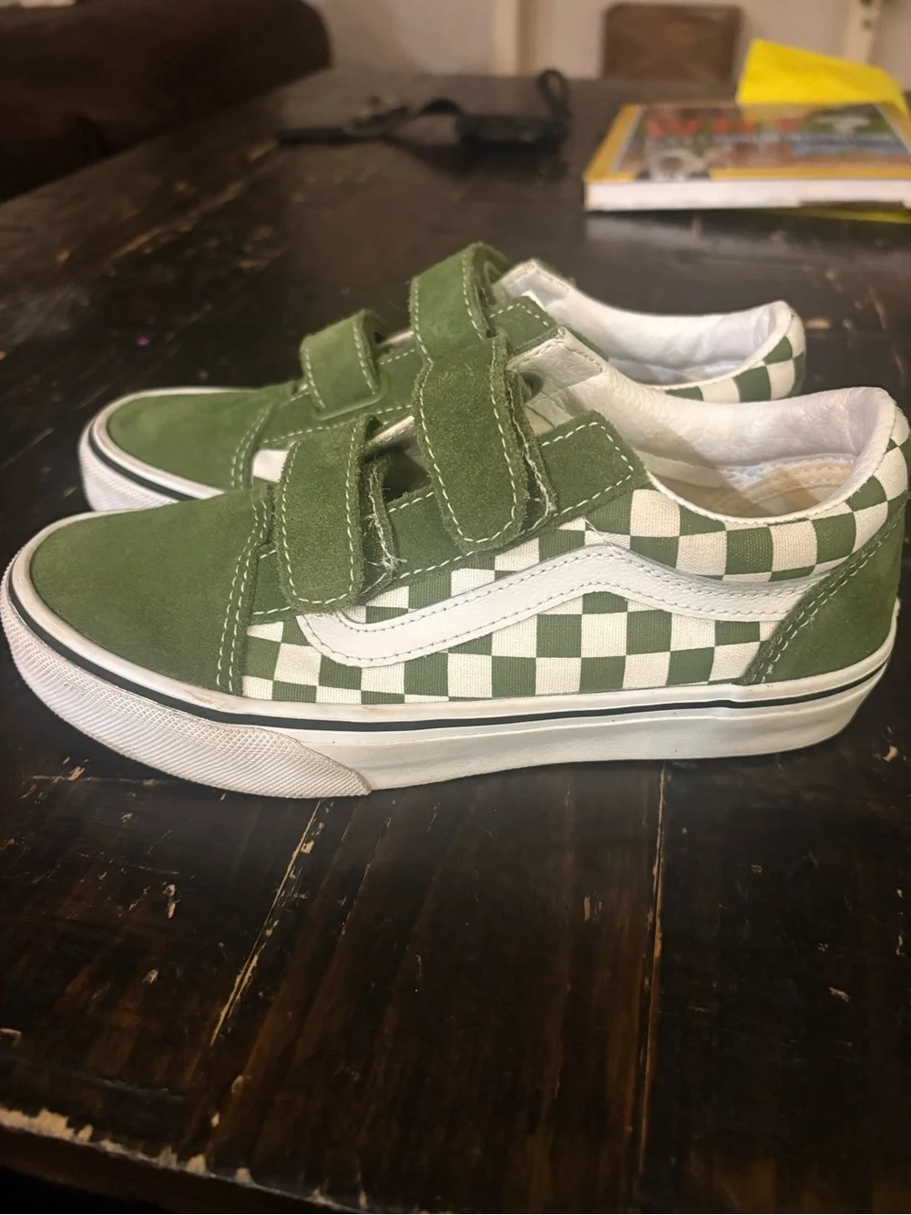Vans Kids Green and White Checkerboard Velcro Sneakers